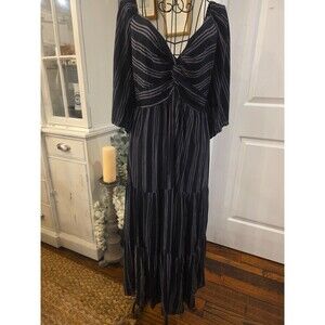 ANGIE Black Printed Twist Bodice Tiered Midi Dress Sz M Bohochic Lagenlook